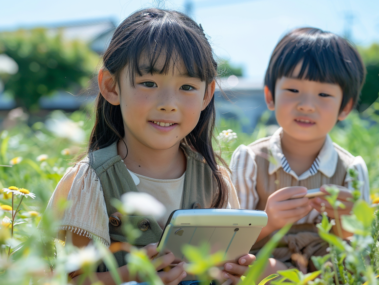 タブレットを使って自由研究をする小学生