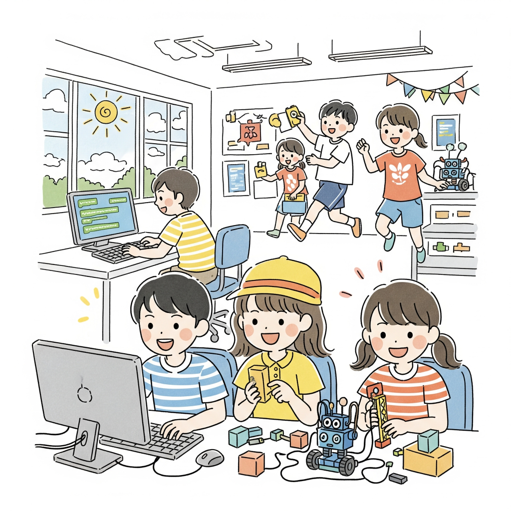 ロボット組立てやプログラミングを体験する子供たち